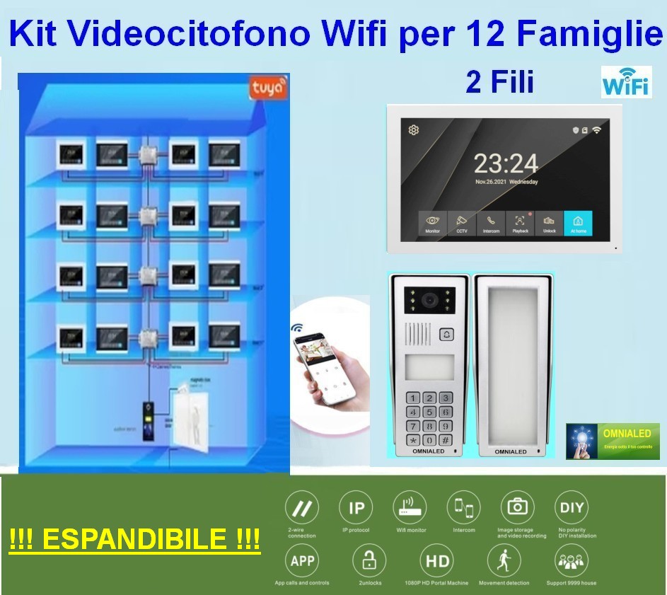 Kit Videocitofono Wifi per 12 Appartamenti 2 fili
